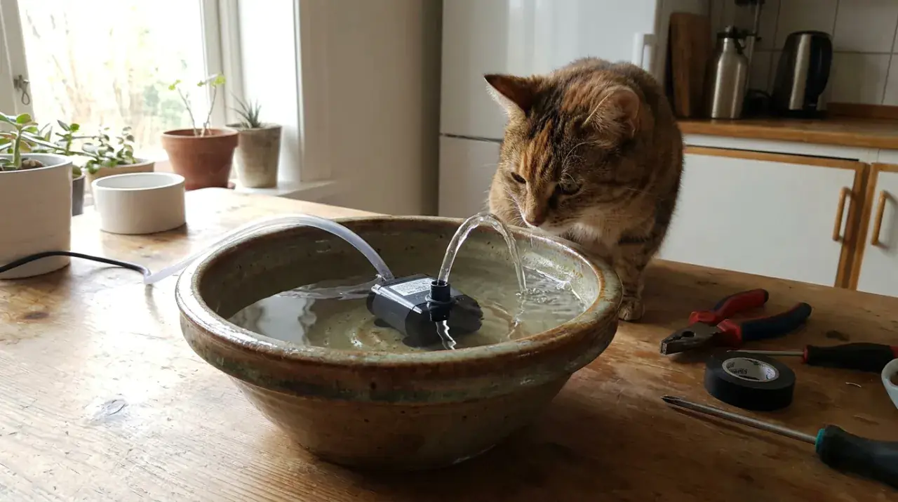 Trinkbrunnen für Katze selber bauen: DIY-Brunnen aus Keramikschale und kleiner Pumpe