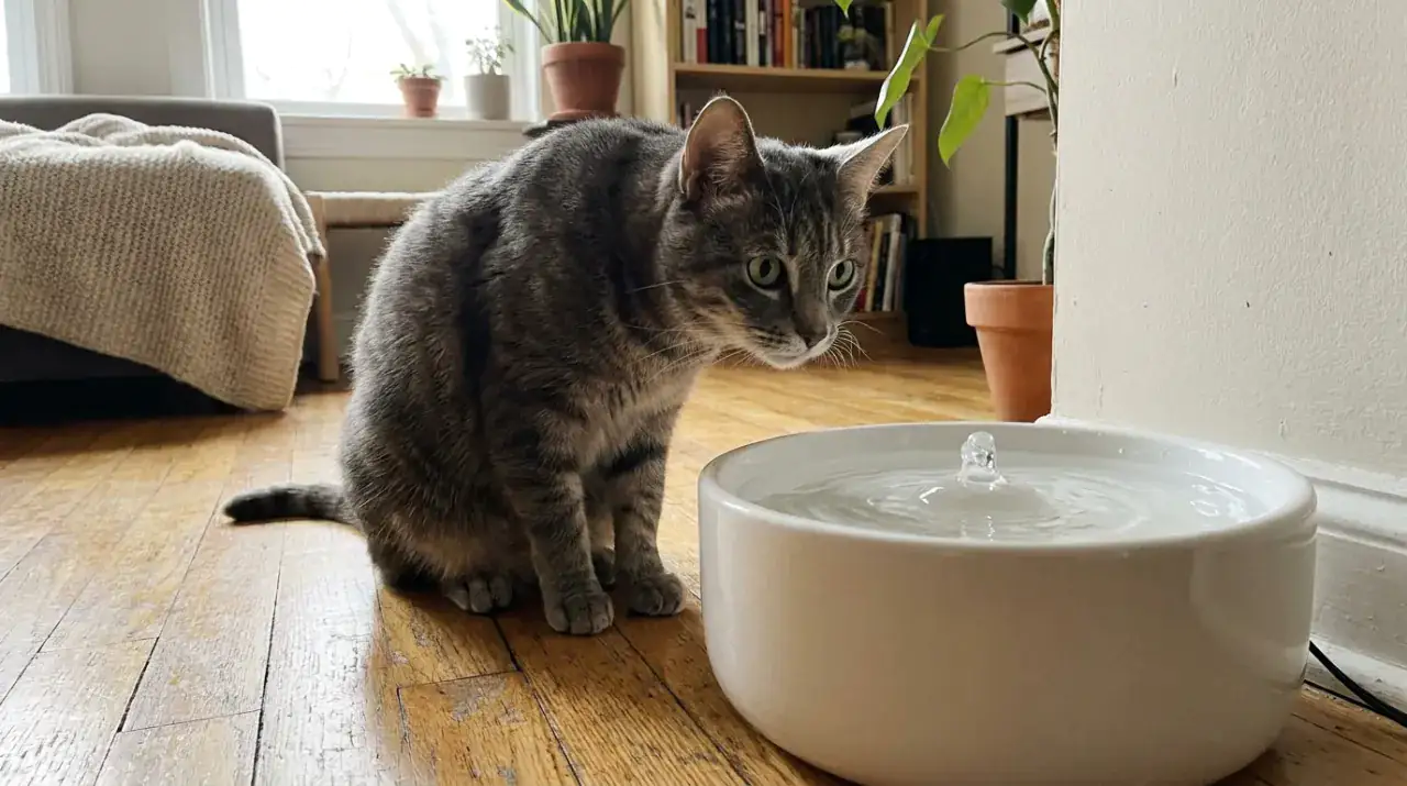 Trinkbrunnen für Katzen sinnvoll: graue Katze schaut auf einen weissen Keramik-Trinkbrunnen