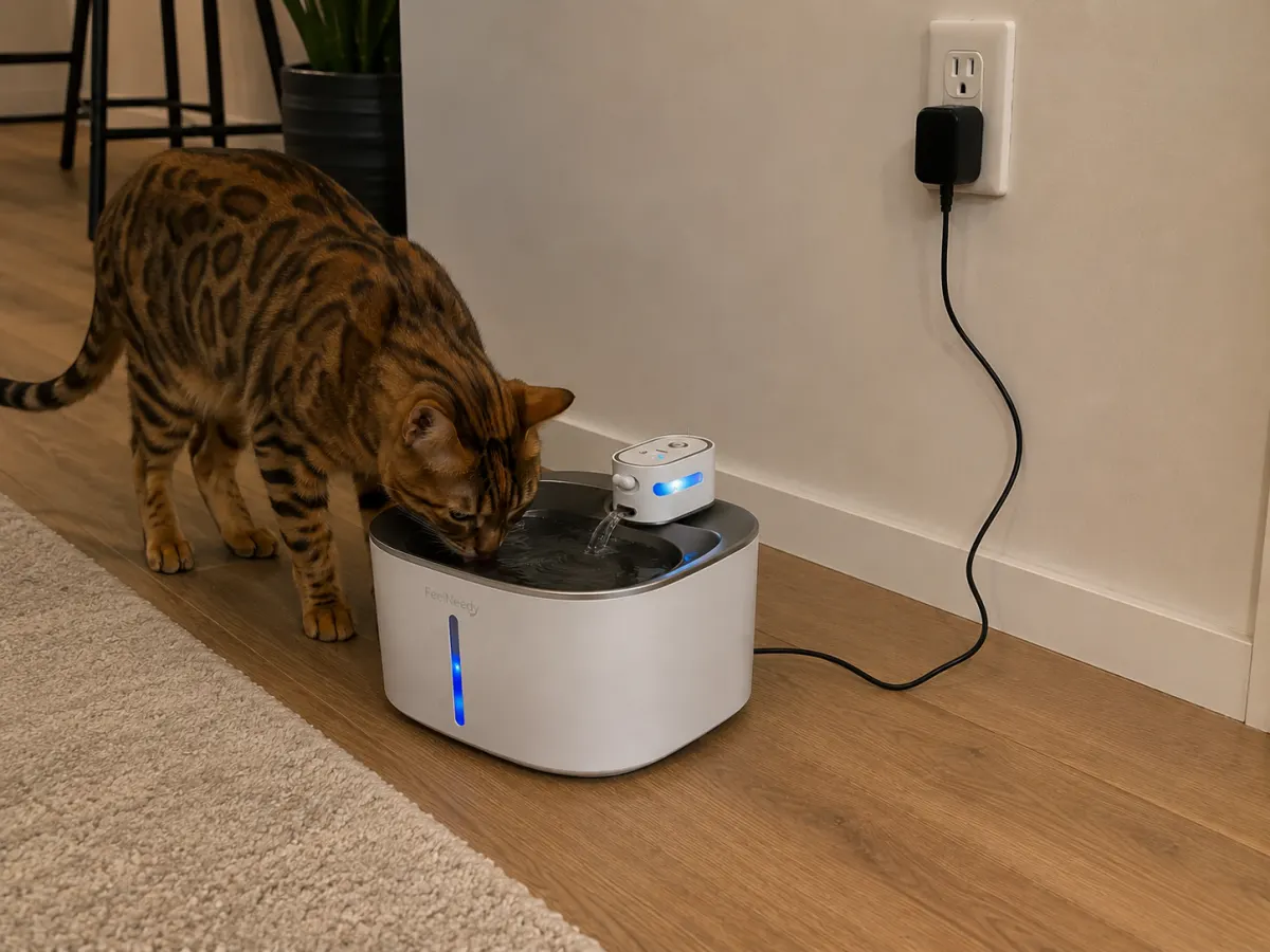 Bengal Katze trinkt aus weissem Akku Katzen Trinkbrunnen
